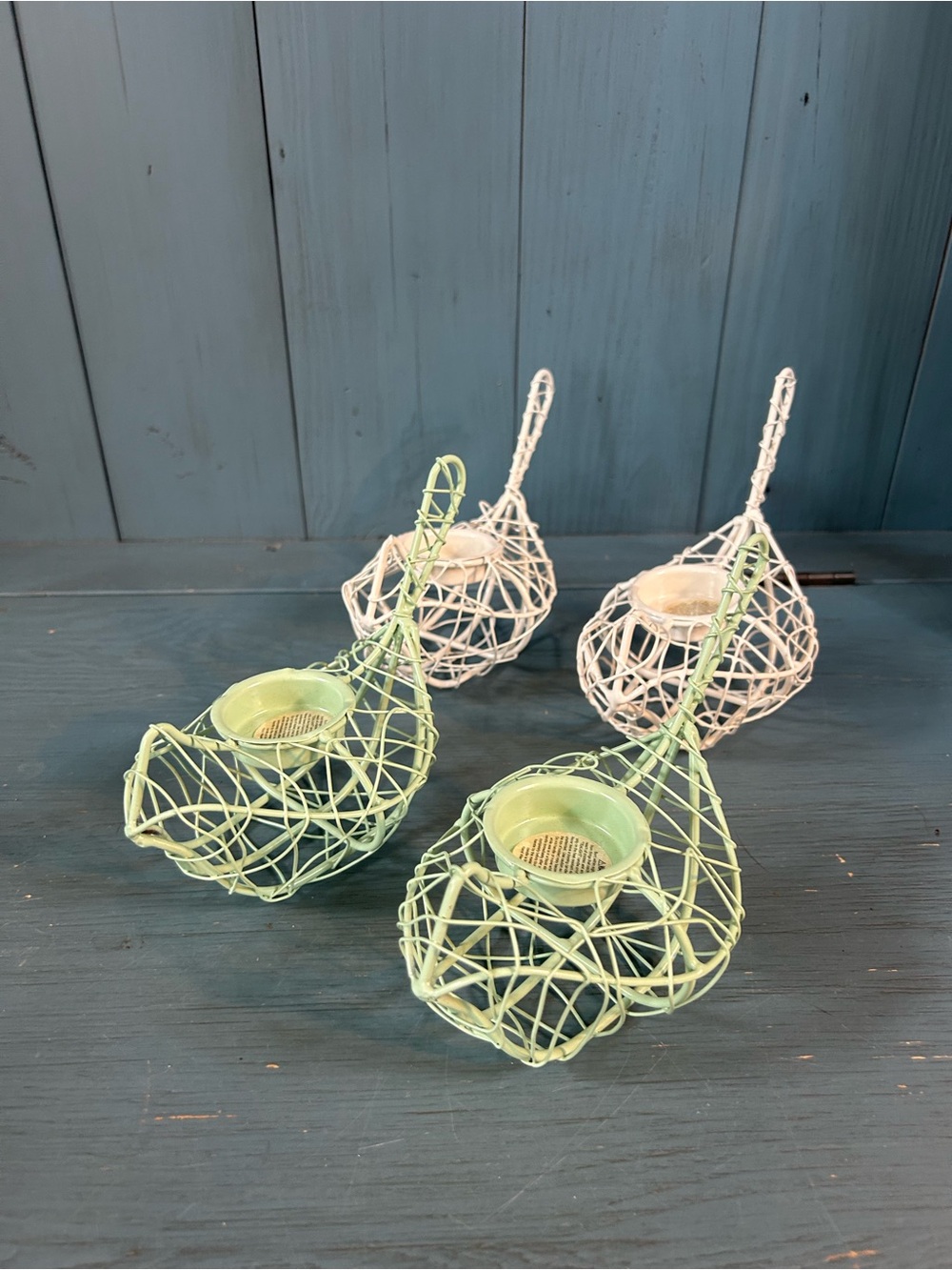Green and White Wire Basket Candle Holders Set of 4